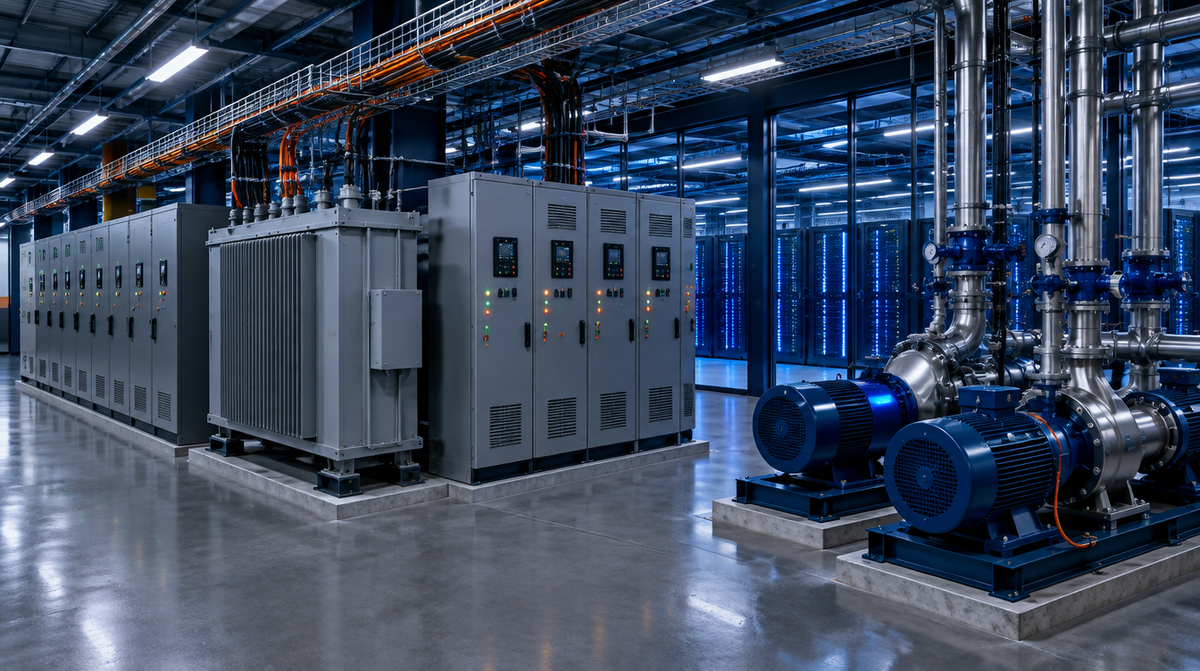 Data center electrical room, cooling plant pumps and overhead cable tray