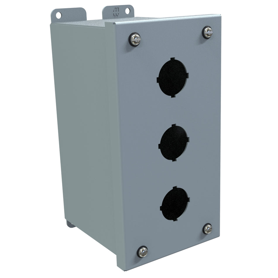 Hammond 1437C Pushbutton Encl, Extra Deep, 3 PB x 30.5mm, Steel/Gray