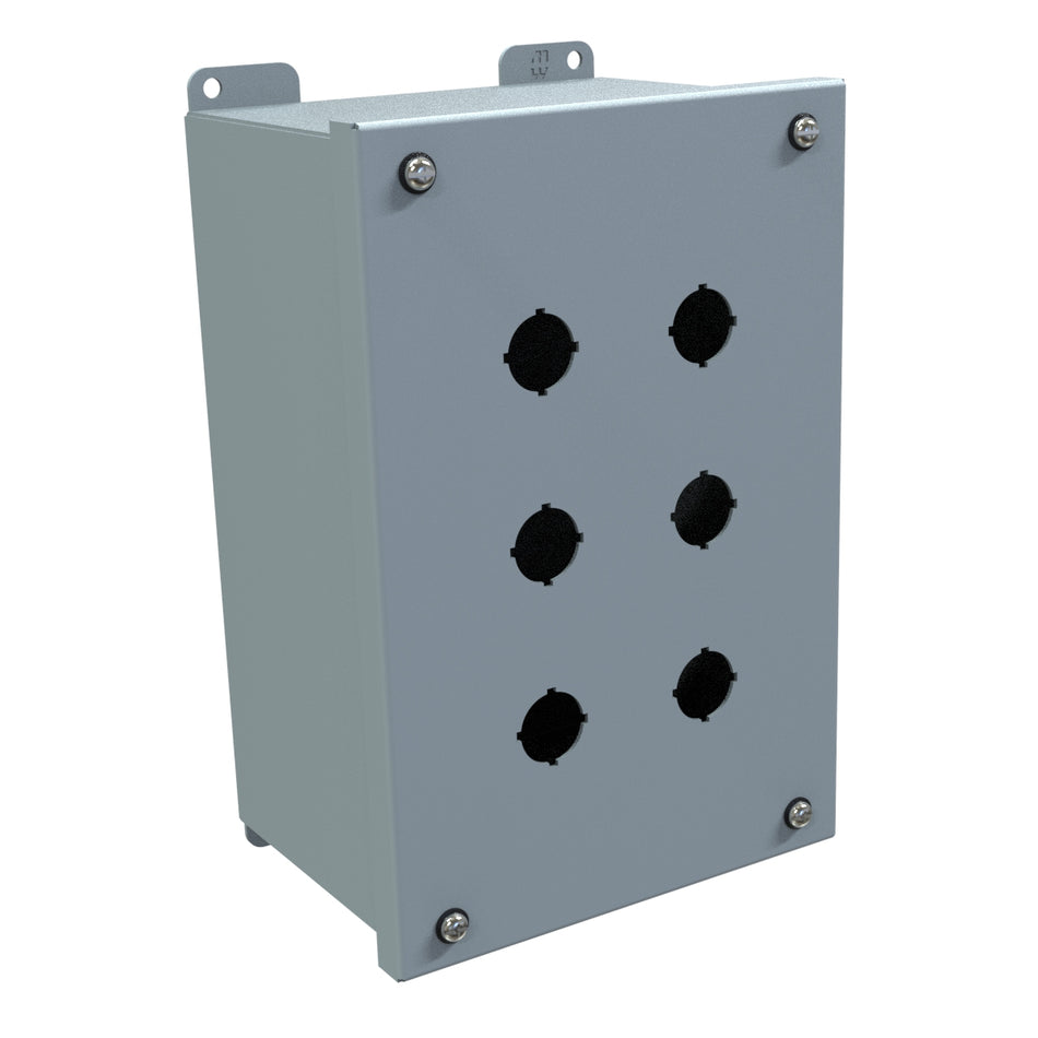 Hammond 1437MH Pushbutton Encl, Extra Deep, 6 PB x 22.5mm, Steel/Gray