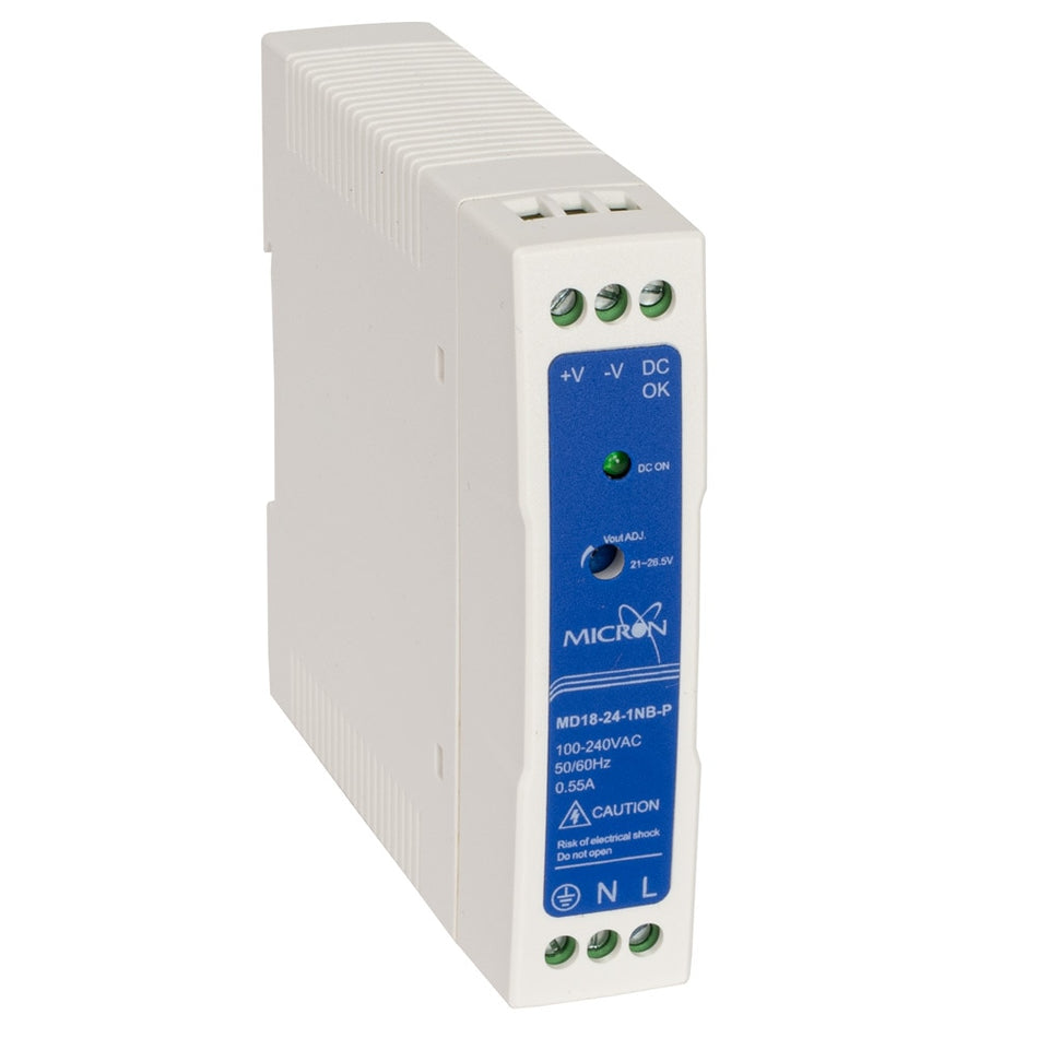 Micron MD18-24-1NB-P 18W DIN Rail Power Supply 24V DC 0.75A Slim-line Plastic