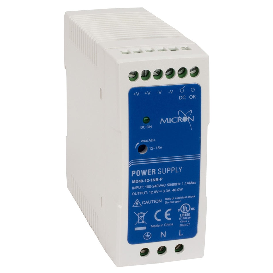 Micron MD40-12-1NB-P 40W DIN Rail Power Supply 12V DC 3.33A Slim-line Plastic