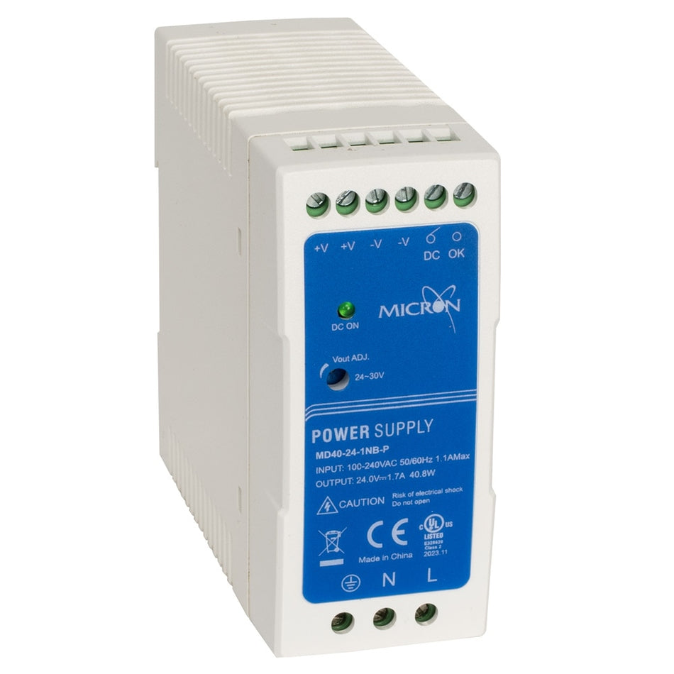 Micron MD40-24-1NB-P 40W DIN Rail Power Supply 24V DC 1.7A Slim-line Plastic