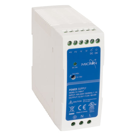 Micron MD60-12-1NB-P 60W DIN Rail Power Supply 12V DC 5A Slim-line Plastic