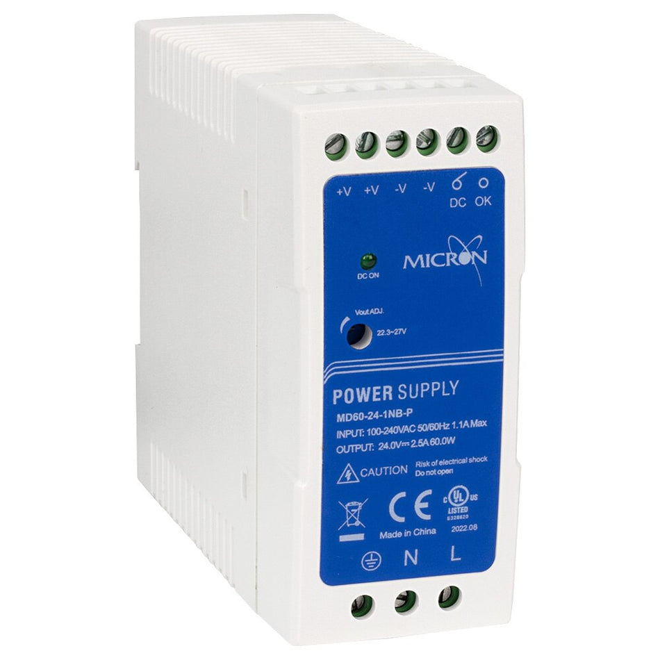 Micron MD60-24-1NB-P 60W DIN Rail Power Supply 24V DC 2.5A Slim-line Plastic